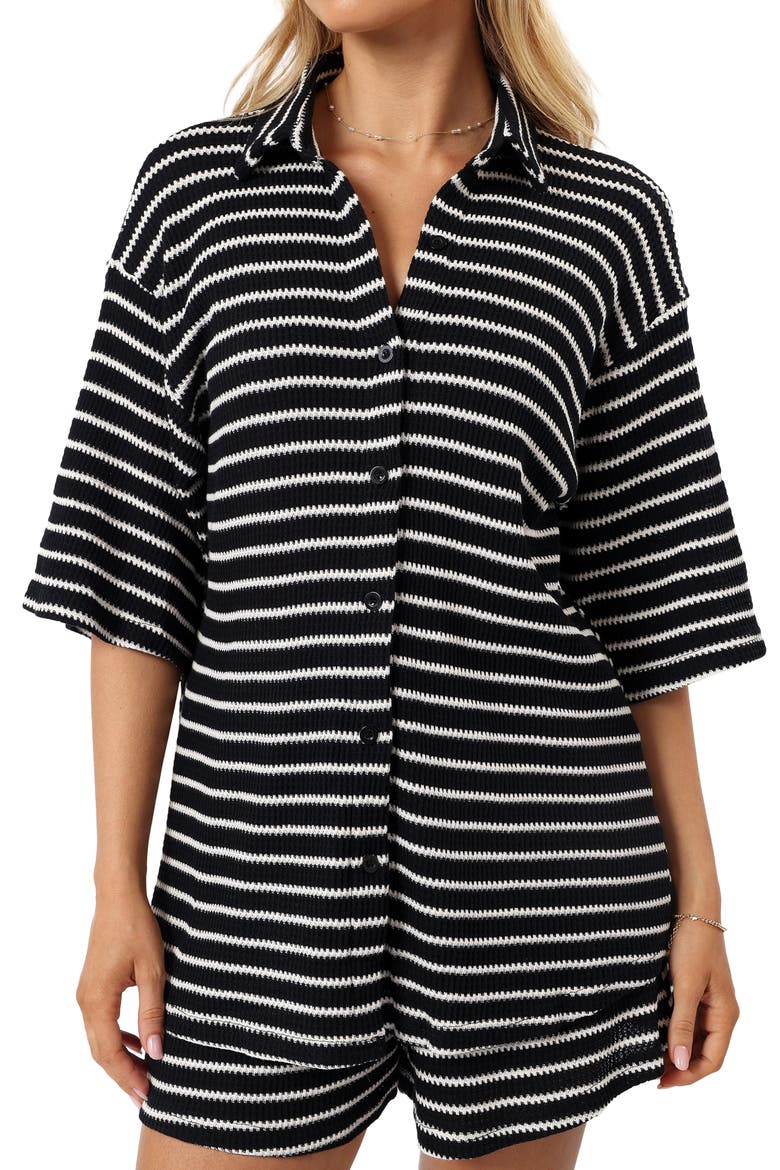 Linnea Stripe Cotton Knit Button-Up Shirt & Shorts Set, Alternate, color, BLACK WHITE