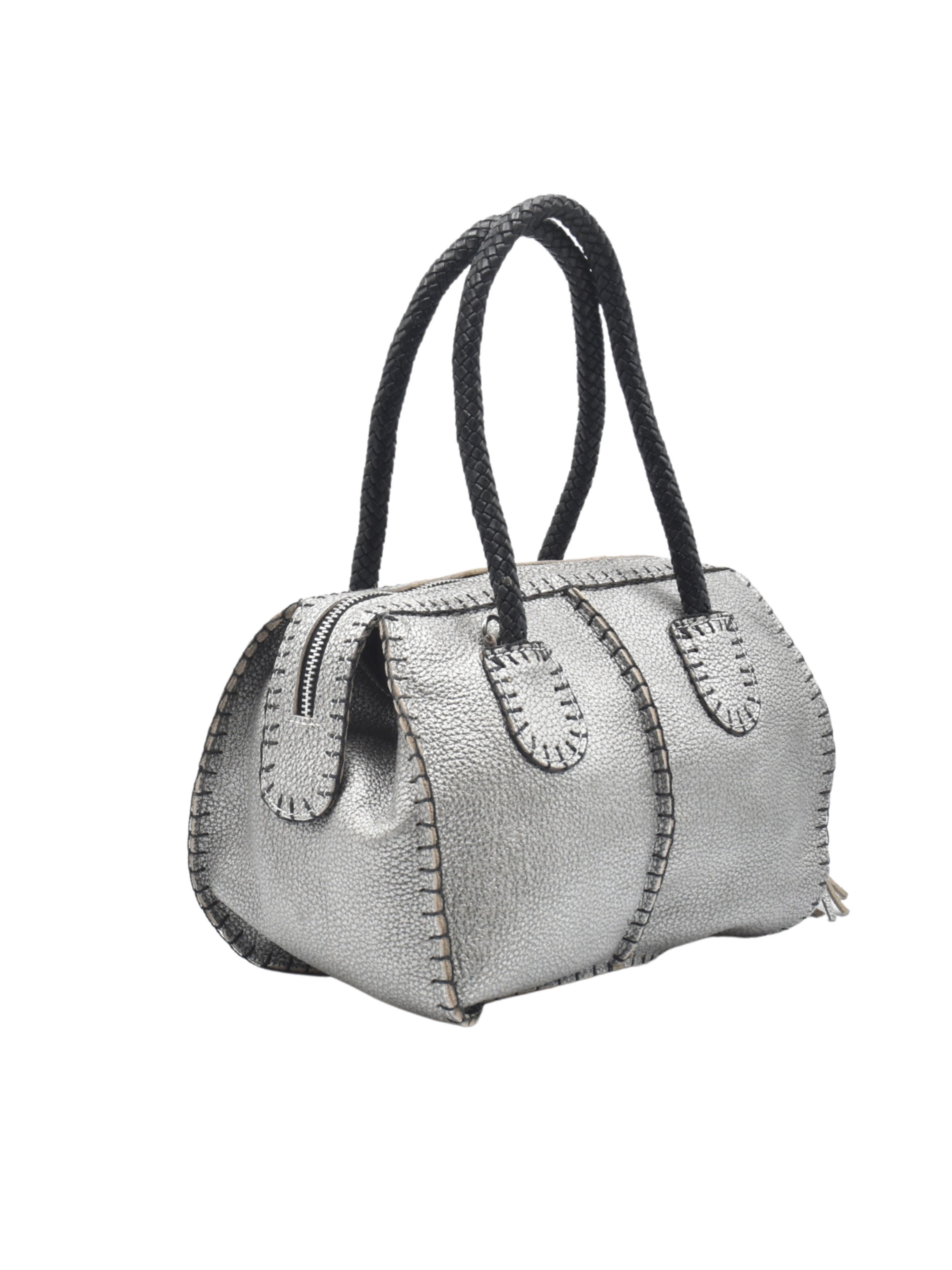 Carlos Falchi Mini Barrel Top Grain Leather Bag, Alternate, color, Roman Chrome
