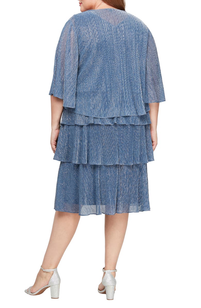 SL FASHIONS Tiered Metallic Cocktail Dress with Jacket, Alternate, color, Wedgewood