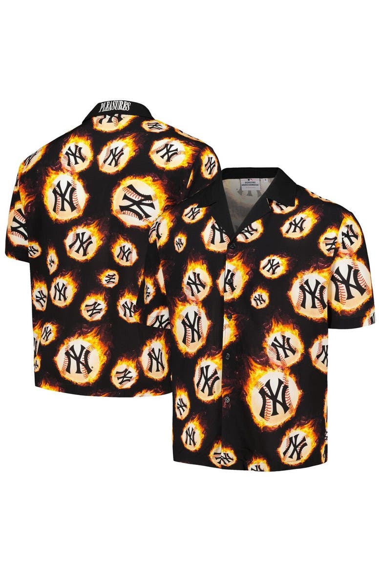 Men's PLEASURES  Black New York Yankees Flame Fireball Button-Up Shirt, Main, color, Black