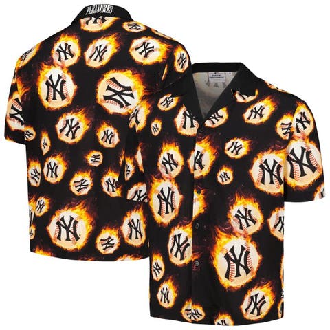 Men's PLEASURES  Black New York Yankees Flame Fireball Button-Up Shirt