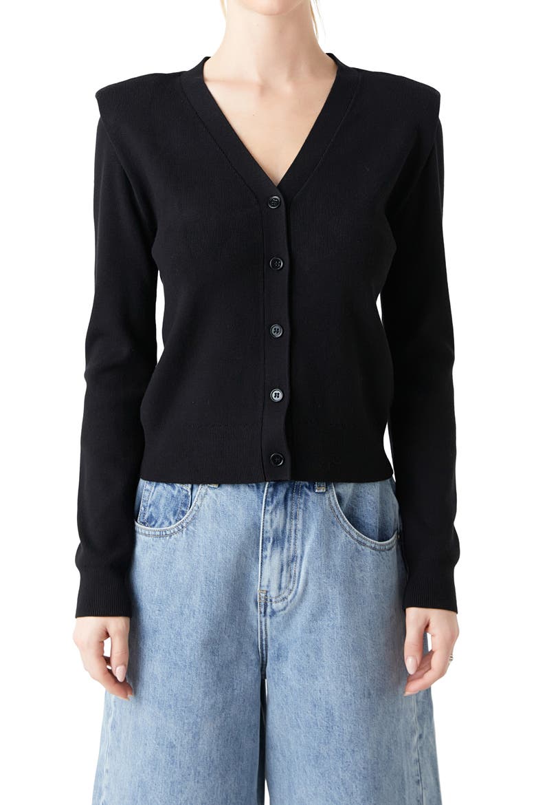 Padded Shoulder V-Neck Cardigan, Alternate, color, BLACK