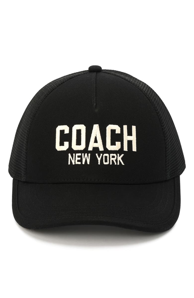 COACH Logo Cotton Twill Trucker Hat, Main, color, Black