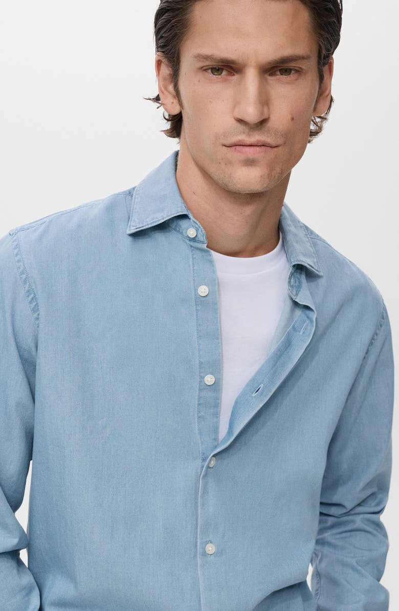 MANGO Cotton Chambray Button-Up Shirt, Alternate, color, Light Blue