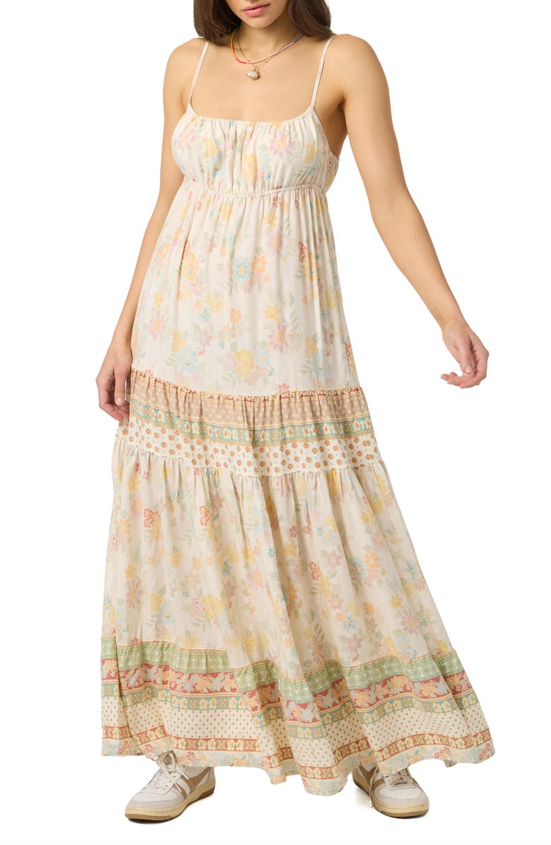 O'Neill Lillie Floral Border Print Tiered Maxi Dress, Main, color, Tapioca