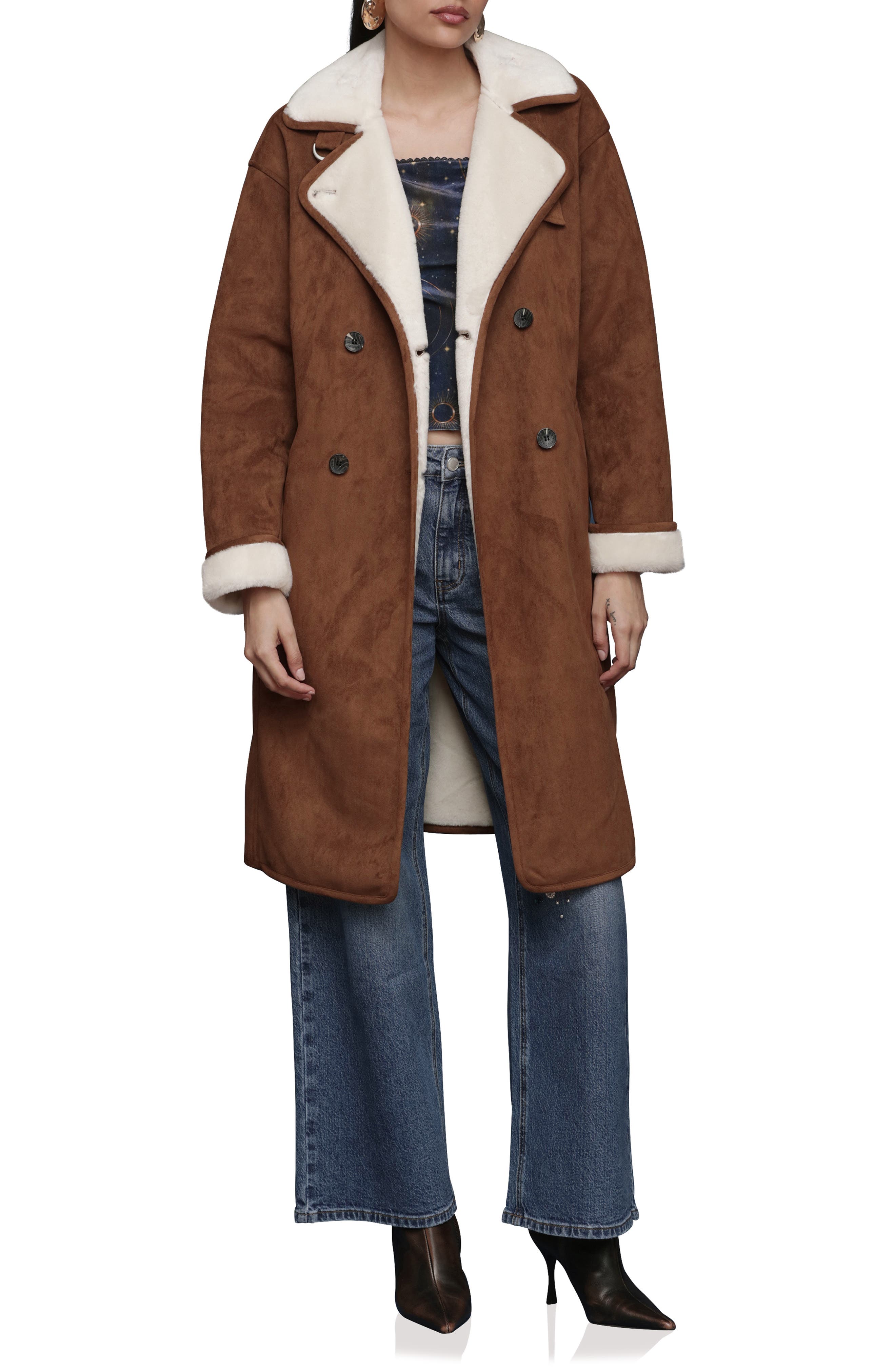 Avec Les Filles Double Breasted Faux Fur Belted Coat