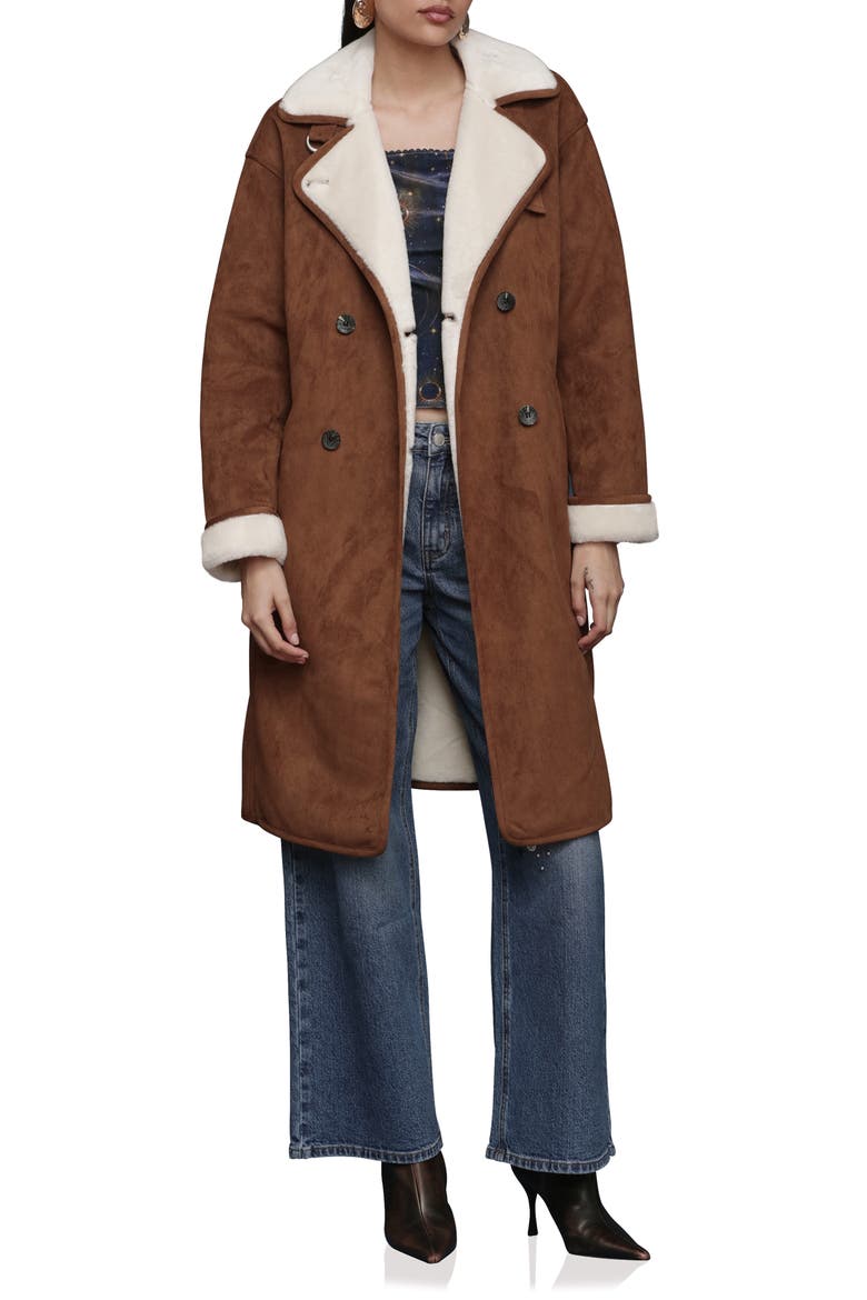 Double Breasted Faux Fur Belted Coat, Main, color, CAMEL