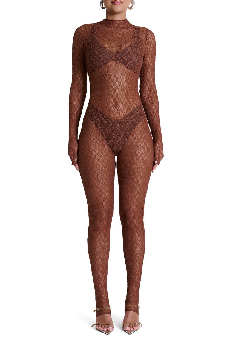 Naked Wardrobe Sheer Lace Long Sleeve Stirrup Jumpsuit, Main, color, Brown Sugar