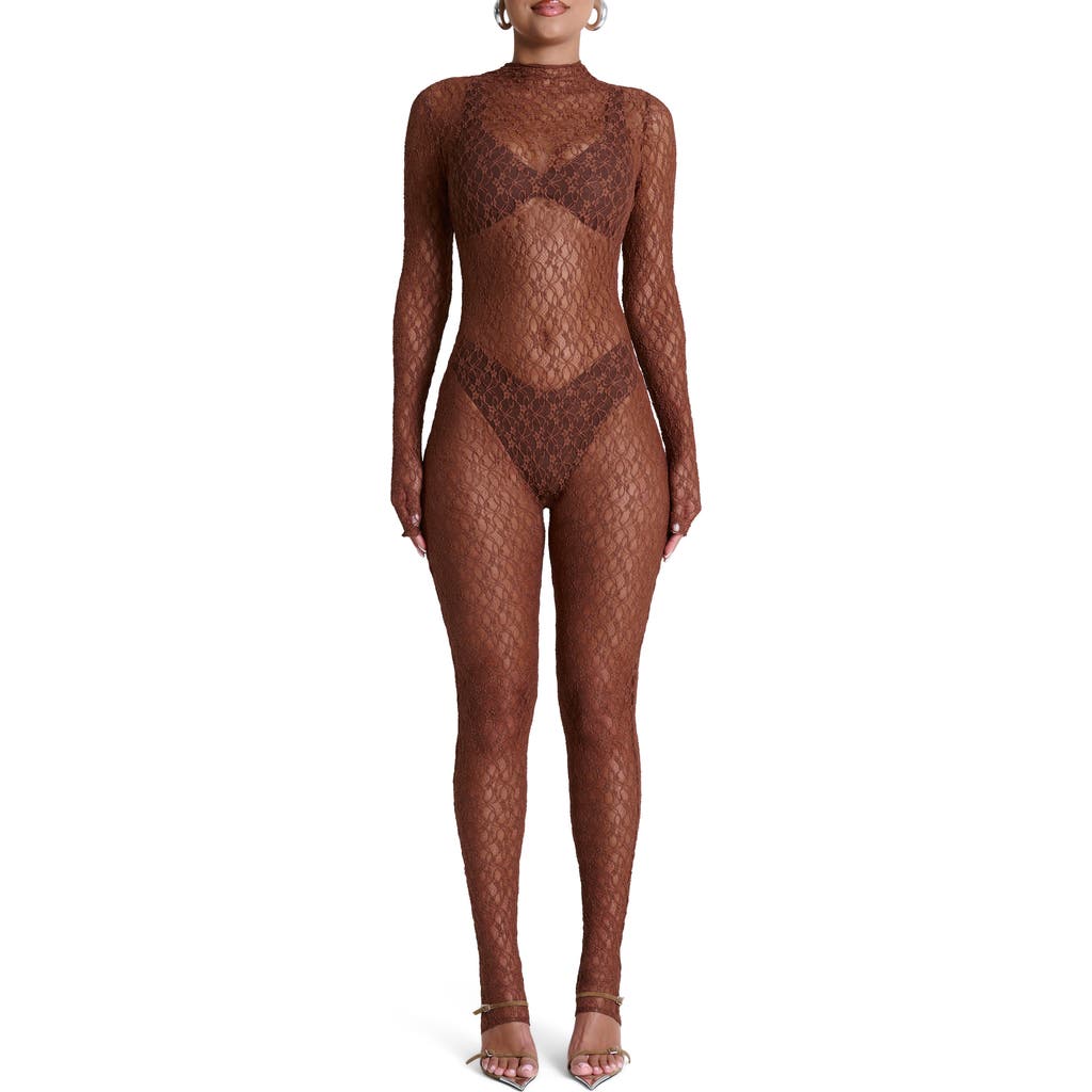 Naked Wardrobe Sheer Lace Long Sleeve Stirrup Jumpsuit