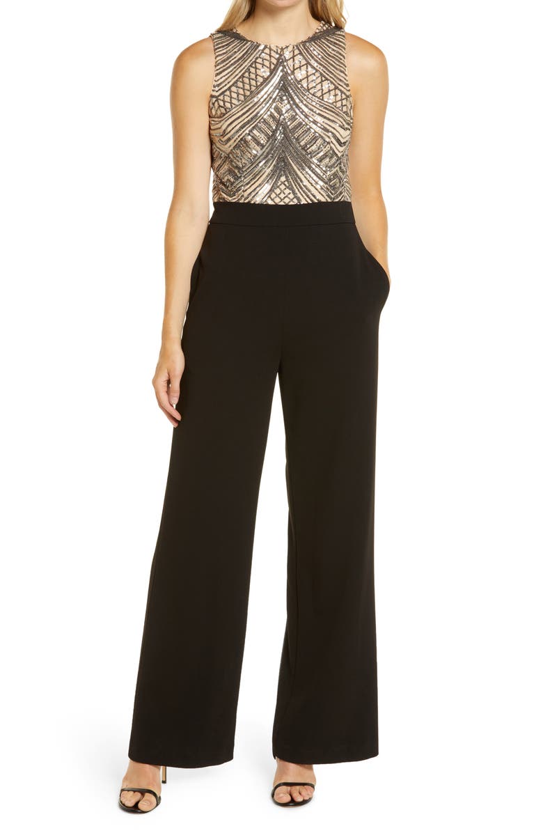 Vince Camuto Sleeveless Sequin Bodice Jumpsuit, Main, color, 