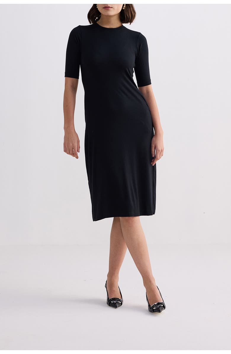 Reistor High Crew Neck Fitted Dress with Elbow Sleeves, Main, color, Black