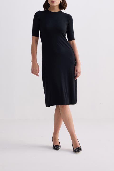 High Crew Neck Fitted Dress with Elbow Sleeves
