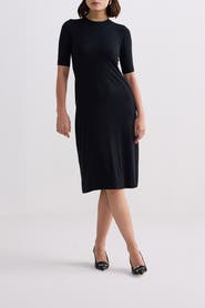 Reistor High Crew Neck Fitted Dress with Elbow Sleeves