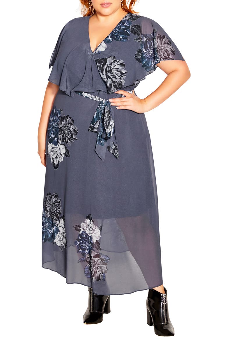 Garnet Flutter Sleeve Wrap Dress, Main, color, GREY PLACEMENT