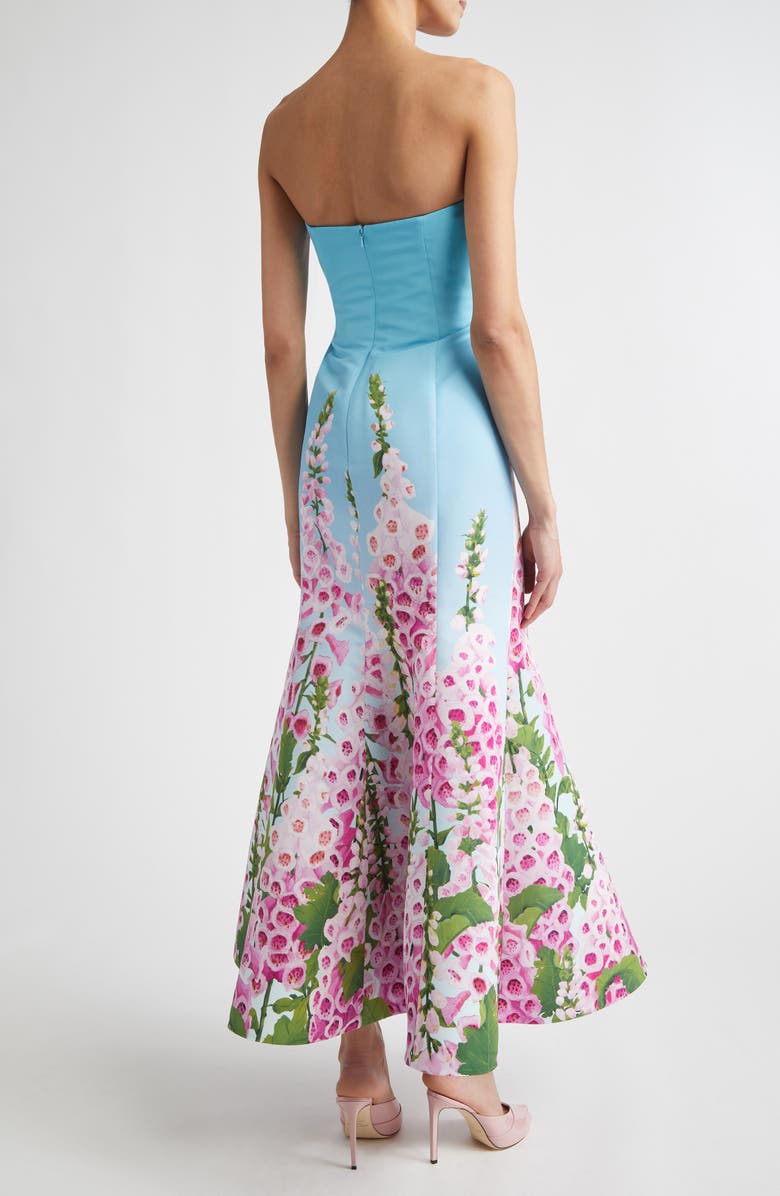 Oscar de la Renta Foxglove Print Strapless Trumpet Gown, Alternate, color, Lilac/ Sky