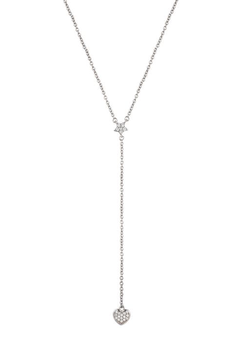 White Rhodium Plated Star and Heart Drop Y Necklace