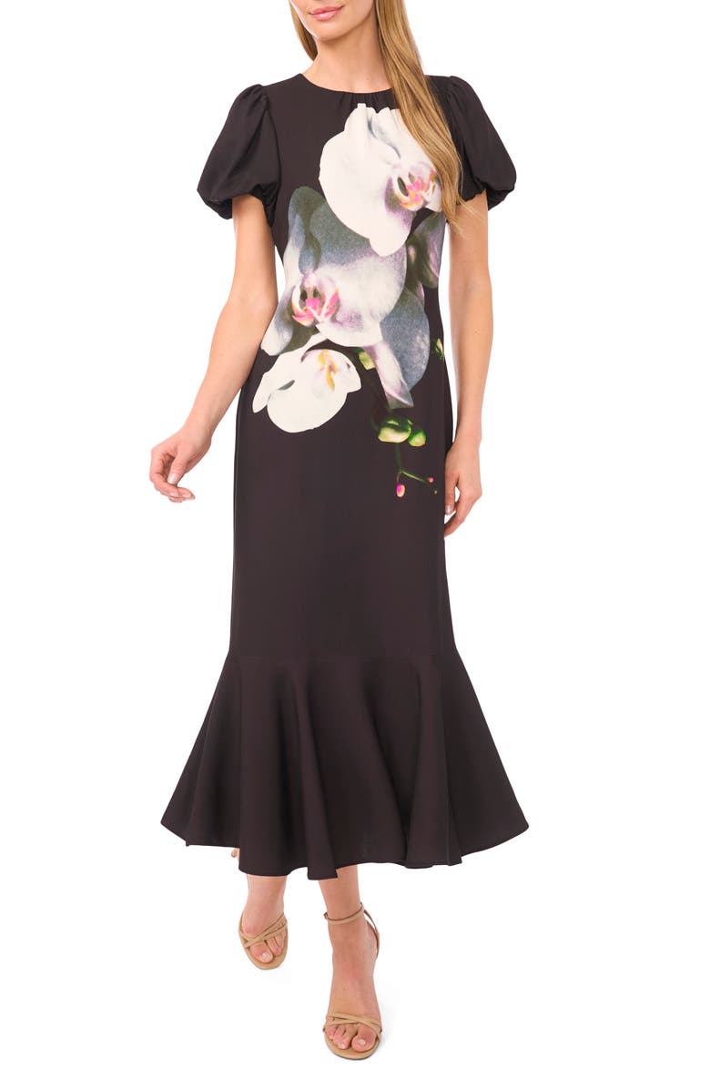 Ted Baker Placed Floral Puff Sleeve Midi Dress, Main, color, Rich Black