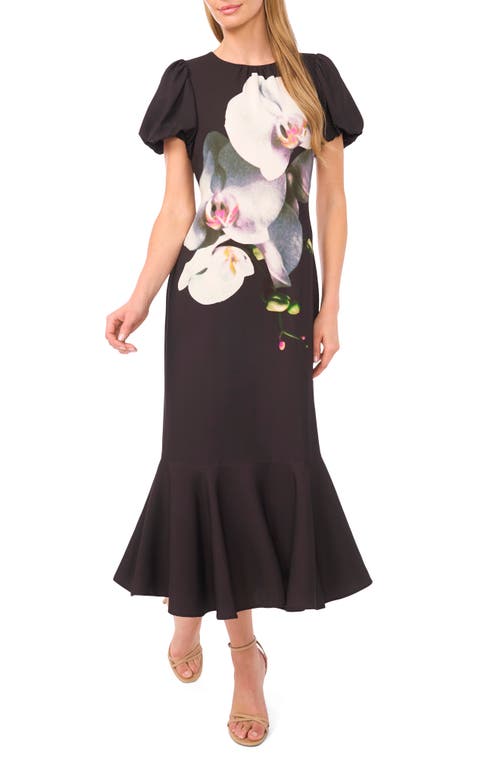 Ted Baker Placed Floral Puff Sleeve Midi Dress In Black