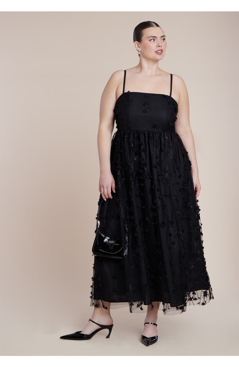ELOQUII Floral Applique Dress, Alternate, color, Black Onyx