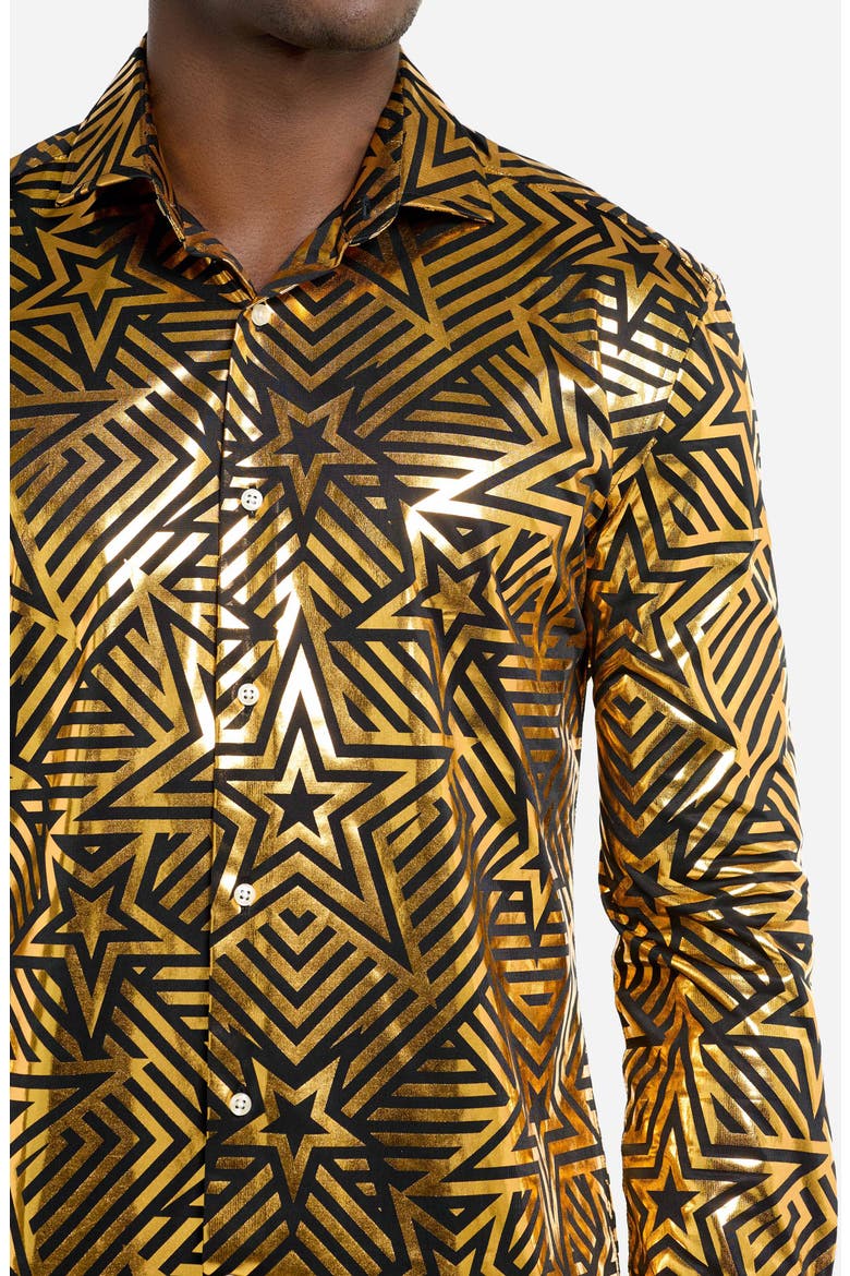 Golden Geo Star Modern Tailored Fit Button-Up Shirt, Alternate, color, BLACK