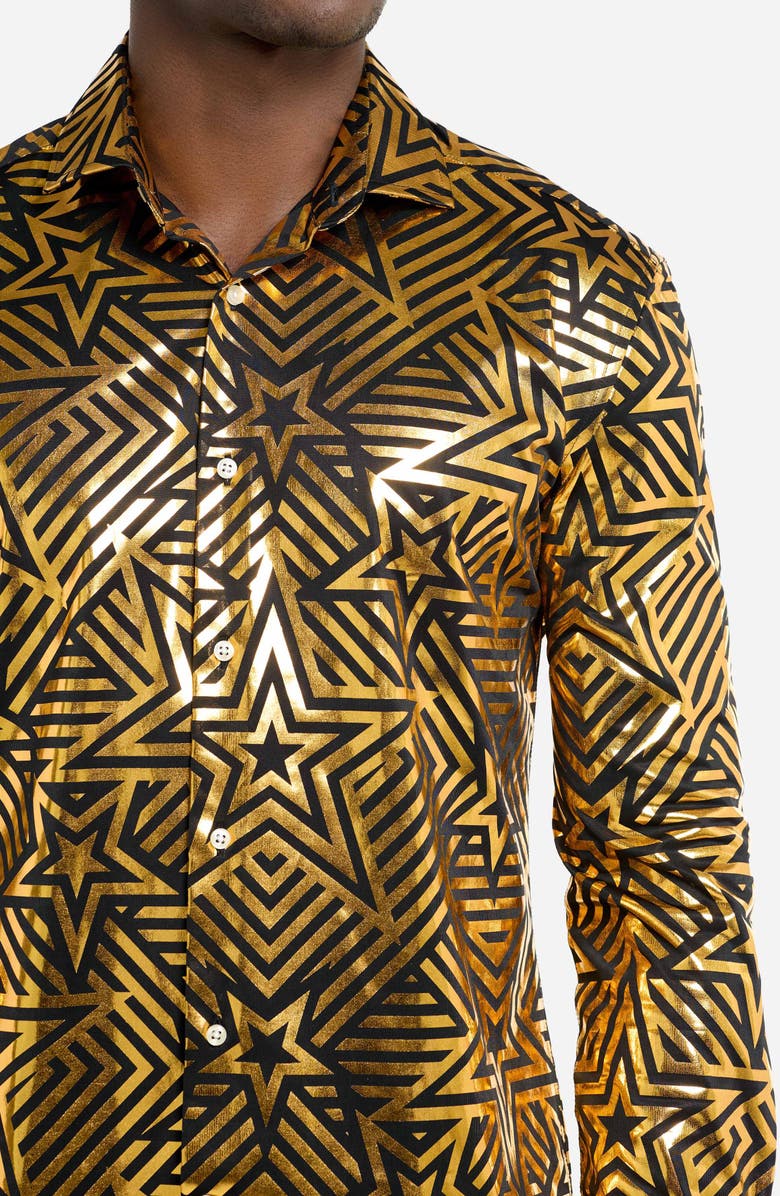 OppoSuits Golden Geo Star Modern Tailored Fit Button-Up Shirt, Alternate, color, Black