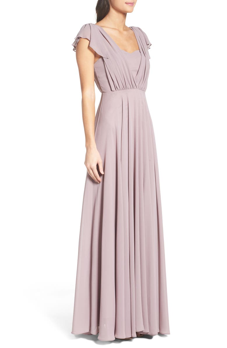 Lulus Flutter Sleeve Chiffon Gown, Alternate, color, 