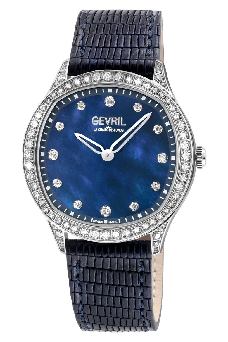 Morcote Swiss Diamond Leather Strap Watch, 36mm - 1.3ct., Main, color, BLUE