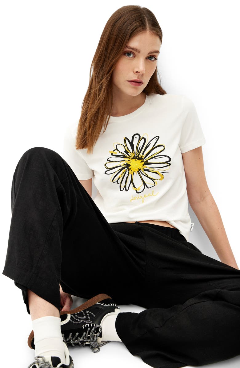 Desigual Daisy Embroidered Cotton Graphic T-Shirt, Alternate, color, 