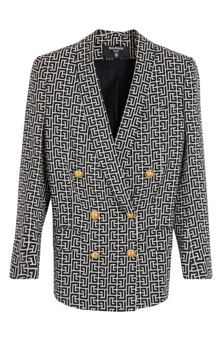 Balmain Monogram Print Double Breasted Cupro Jacket, Alternate, color, 