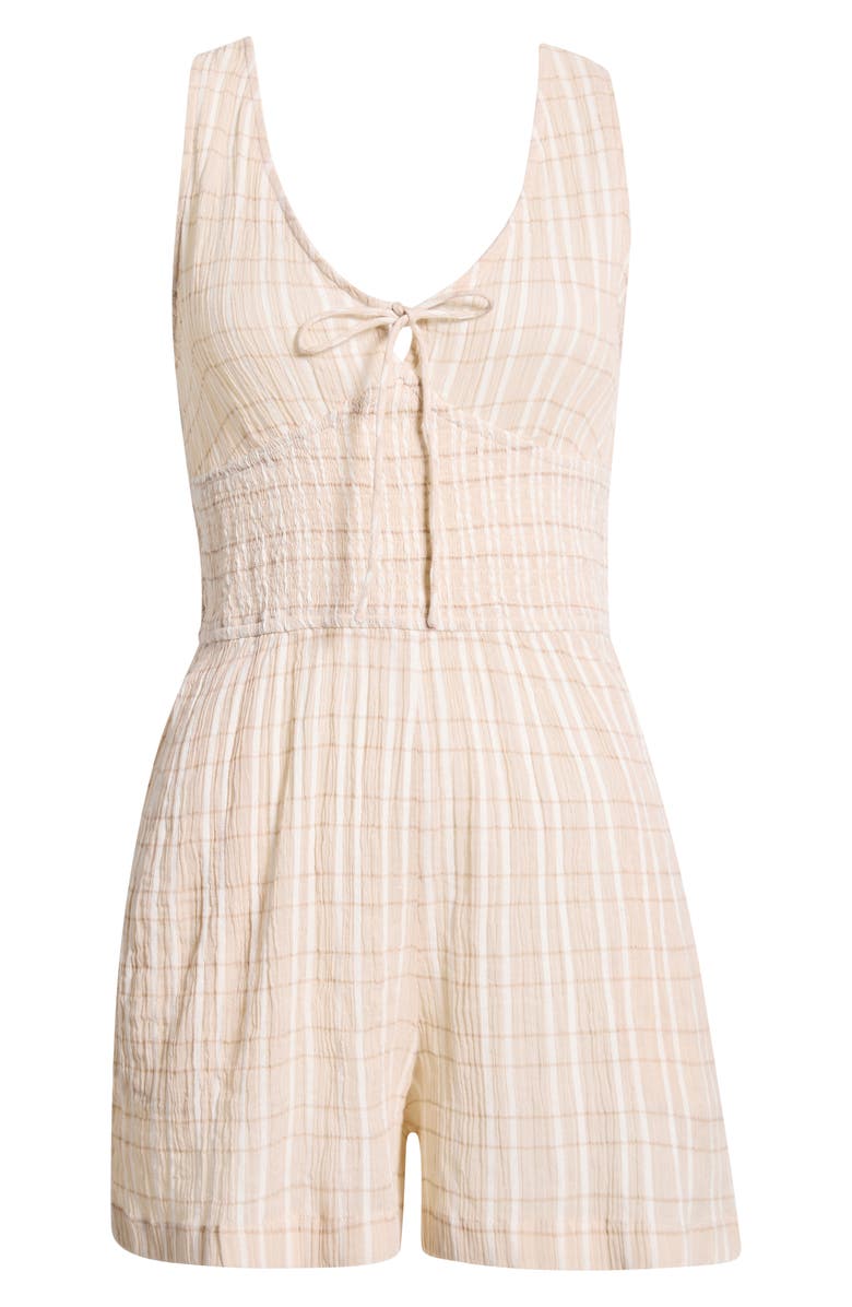 Rip Curl Paradise Check Smocked Cotton Blend Romper, Alternate, color, Off White