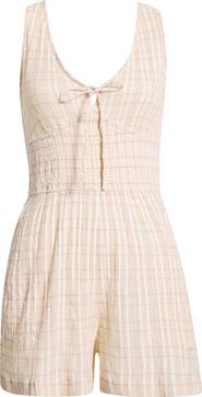 Rip Curl Paradise Check Smocked Cotton Blend Romper