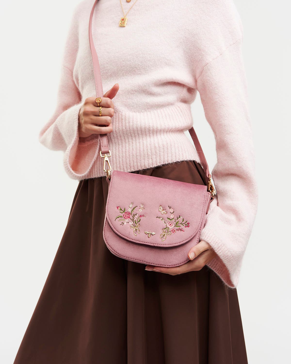 Beth Floral Posy Velvet Embroidered Saddle Purse, Alternate, color, Rose Pink