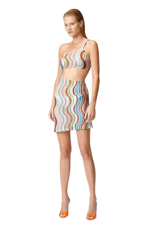 Short One-shoulder Cover-up Dress With Lamé Wave Motif