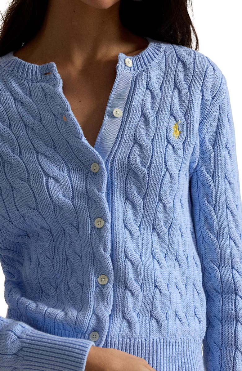 Polo Ralph Lauren Cable Knit Cotton Crewneck Cardigan, Alternate, color, Baby Blue