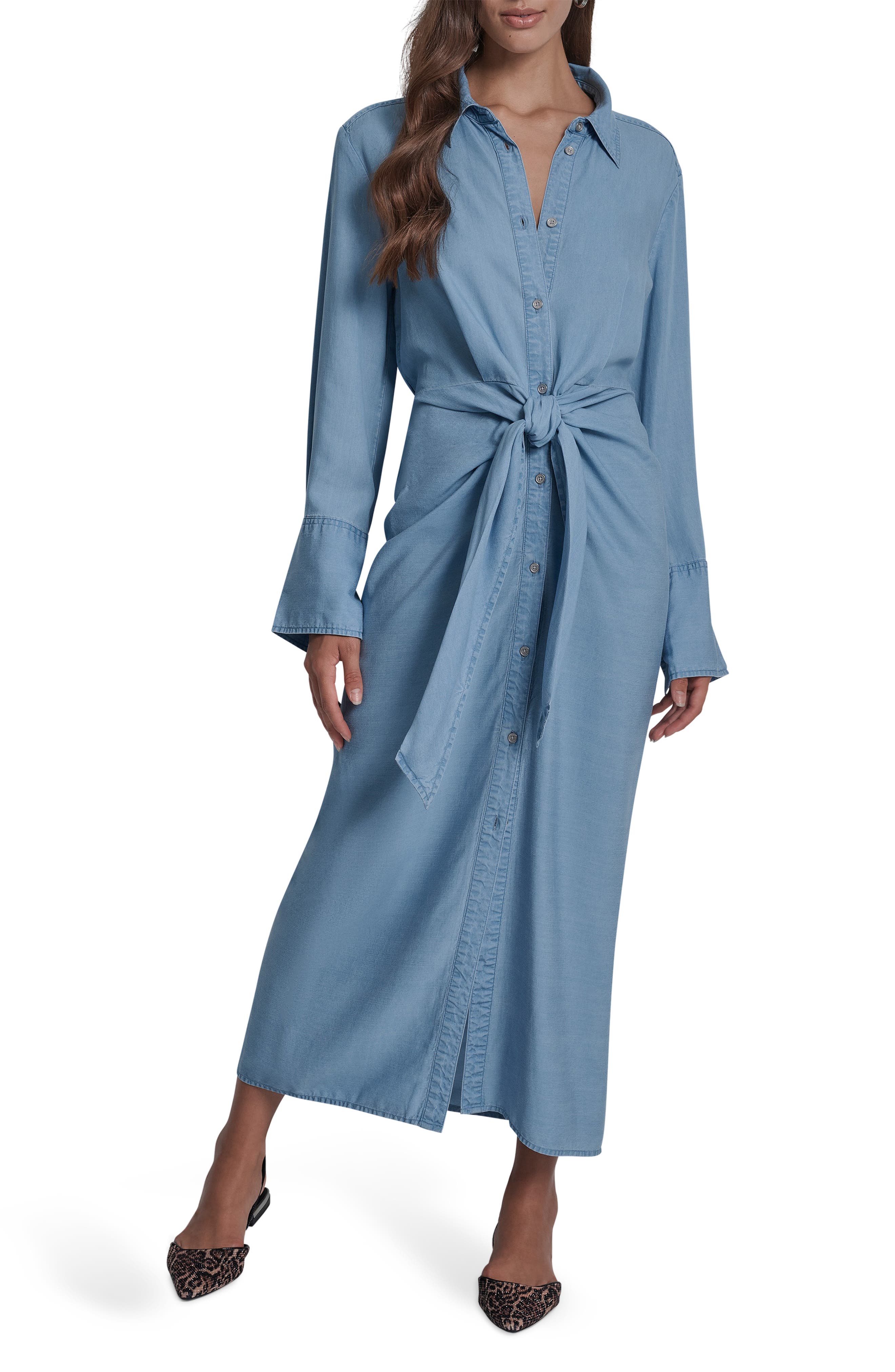 DKNY Jeans Tie Waist Long Sleeve Maxi Shirtdress