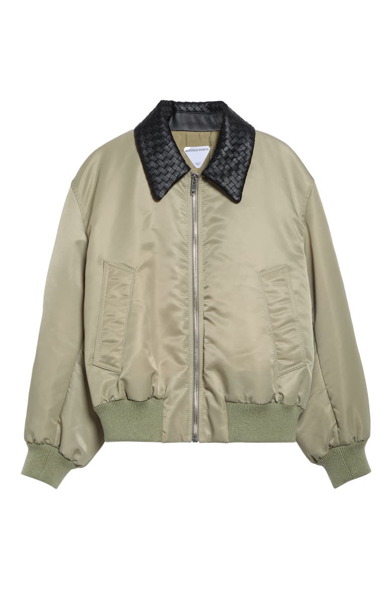 Intrecciato Leather Collar Nylon Bomber Jacket, Alternate, color, 3167 TARRAGON