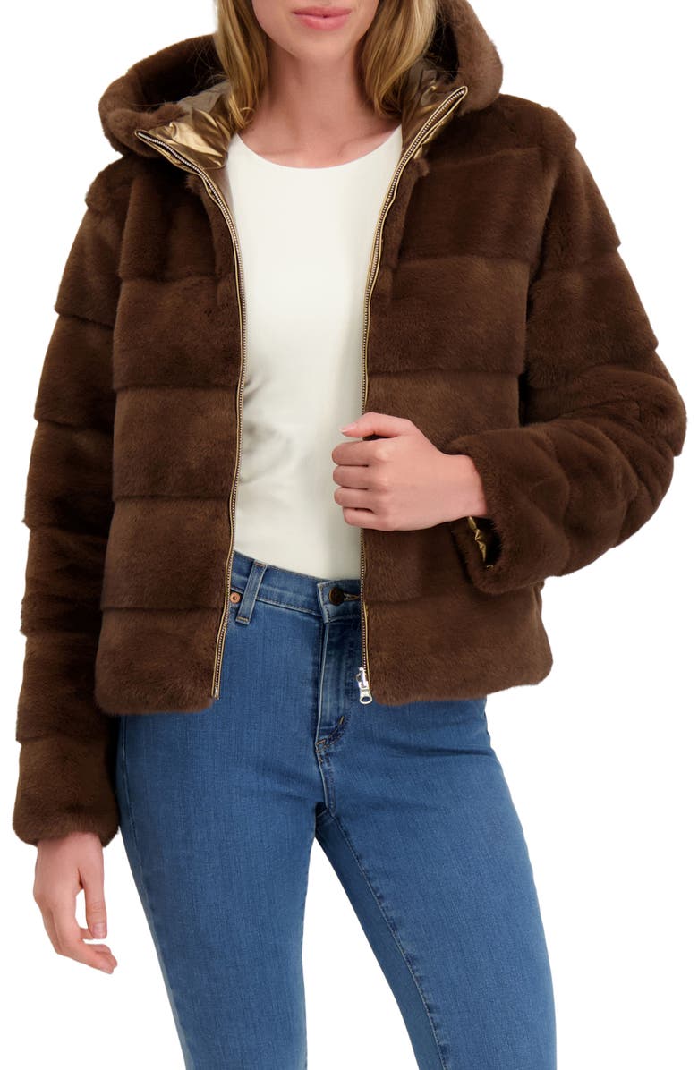 Lyla Grant Fur-Free Mink (Faux Fur) Reversible Parka, Alternate, color, Brown/Gold Metallic