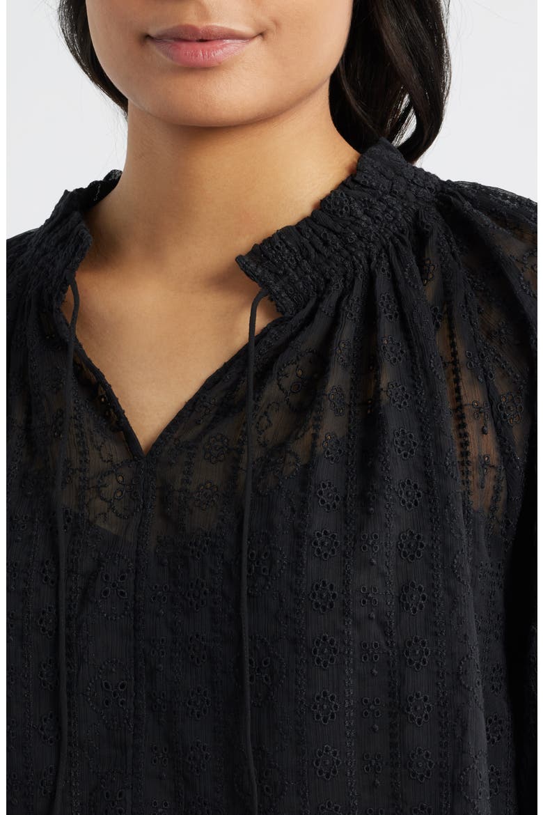 Embroidered Tie Neck Long Sleeve Top, Alternate, color, JET BLACK