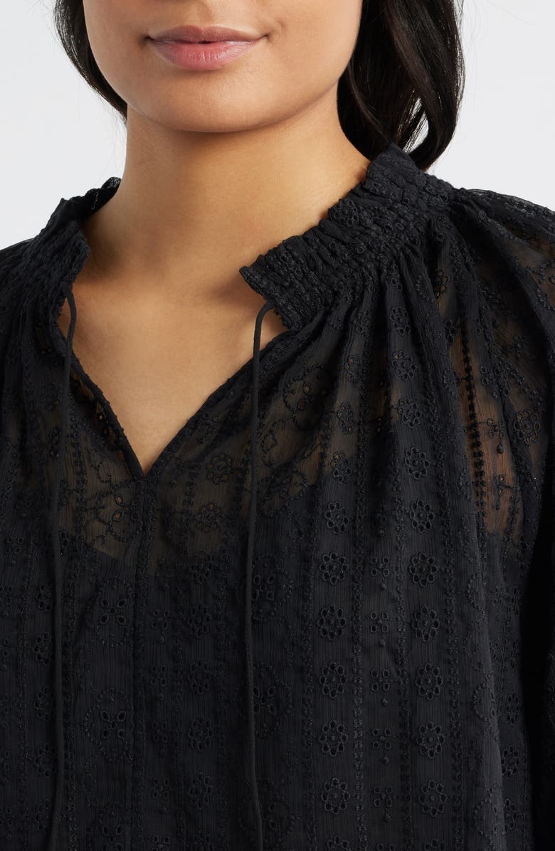 Madewell Embroidered Tie Neck Long Sleeve Top, Alternate, color, Jet Black