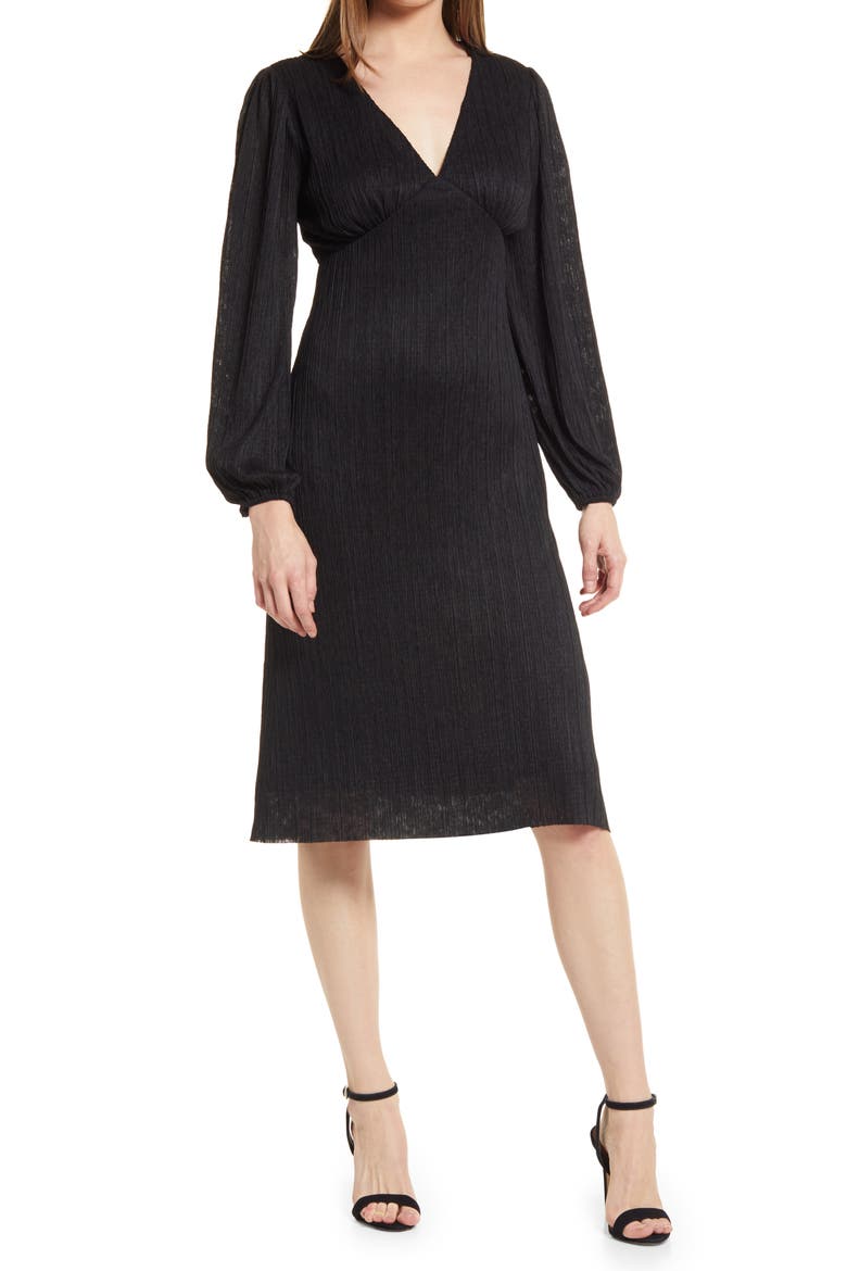 Plissé Empire Waist Midi Dress, Main, color, BLACK