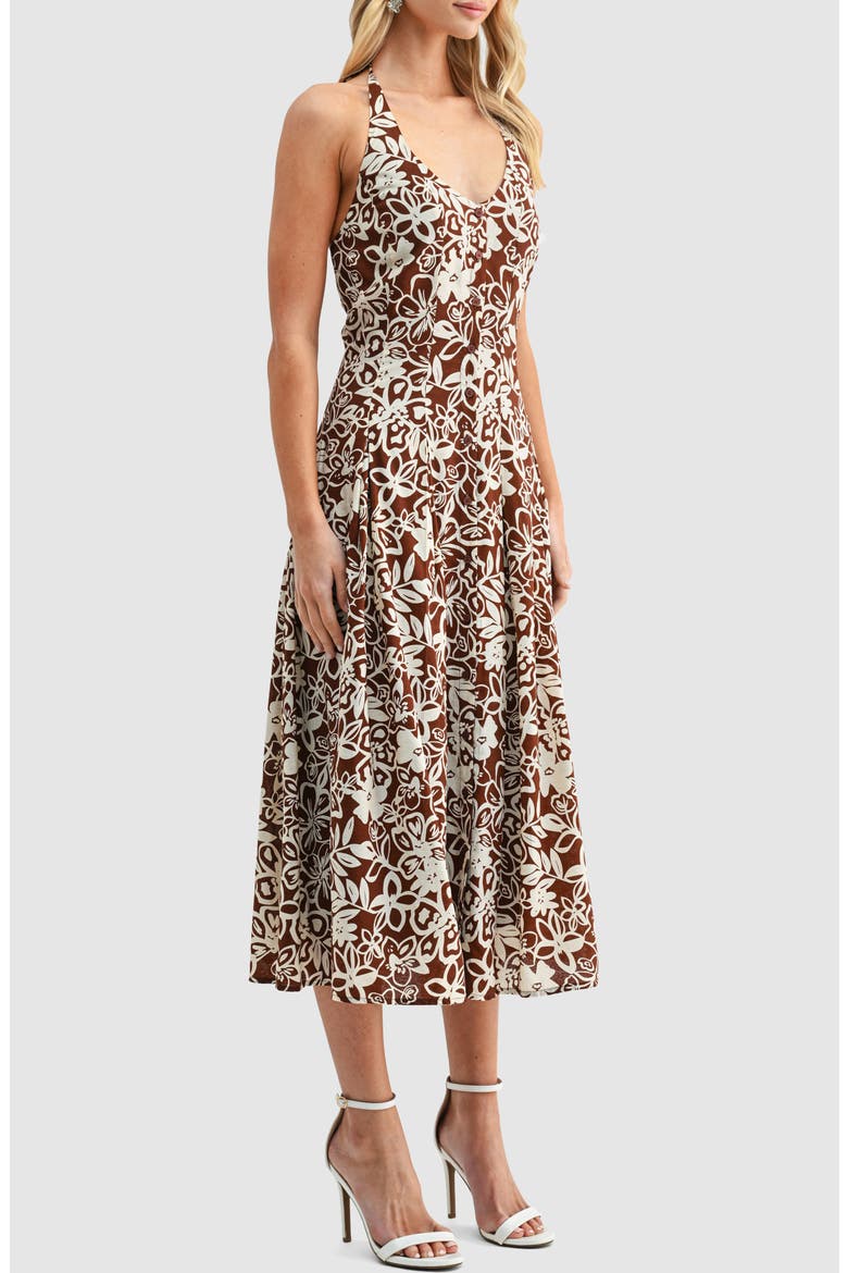 Floral Halter Neck Button Front Midi Dress, Alternate, color, BROWN CREAM FLORAL