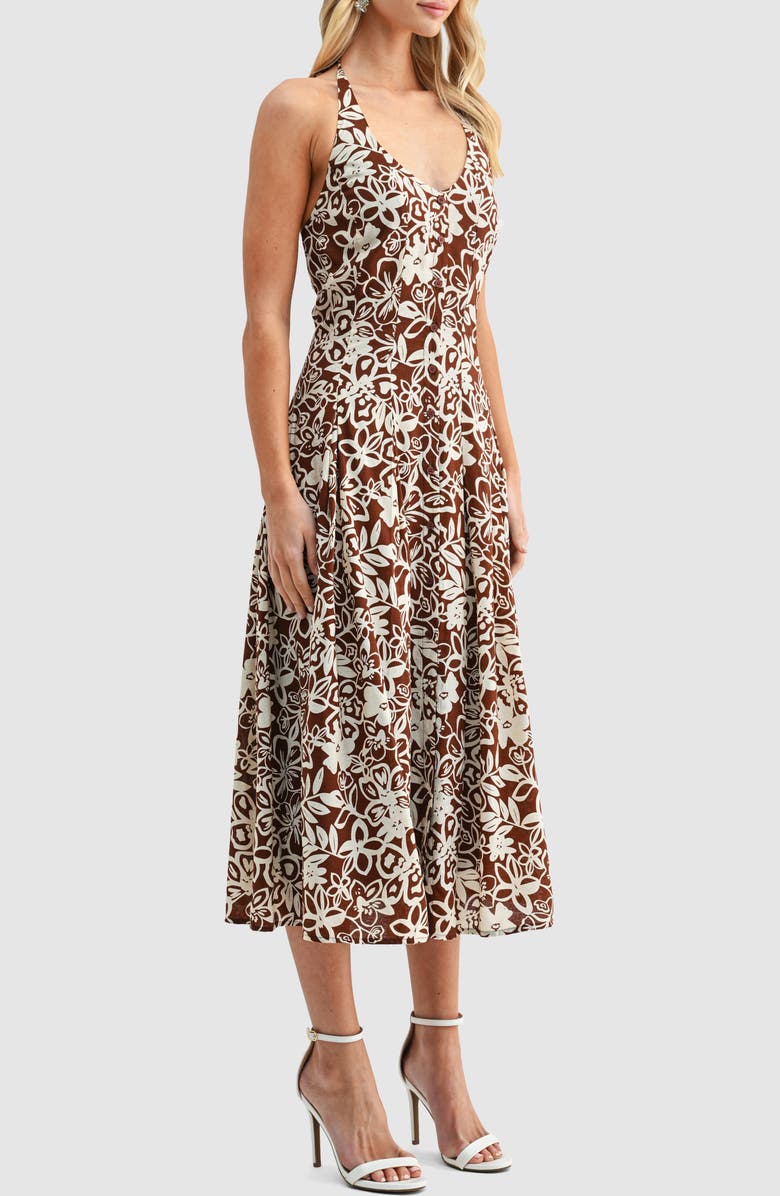 Lush Floral Halter Neck Button Front Midi Dress, Alternate, color, Brown Cream Floral