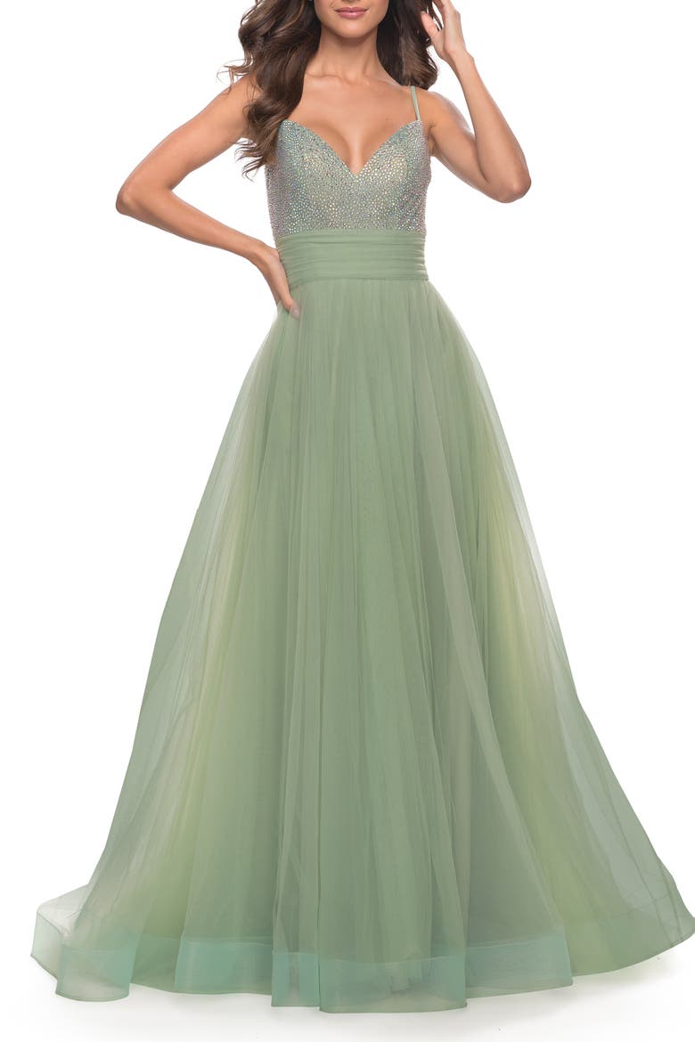 Tulle Gown with Full Skirt and Rhinestone Bodice, Main, color, Sage