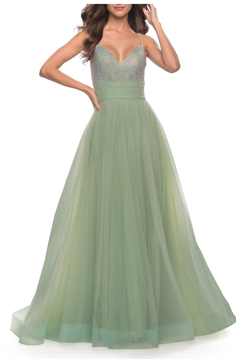 La Femme Tulle Gown with Full Skirt and Rhinestone Bodice, Main, color, Sage