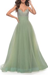 La Femme Tulle Gown with Full Skirt and Rhinestone Bodice