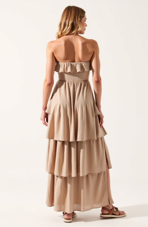 Modenaire Strapless Tiered Ruffle Maxi Dress With High Slit In Beige