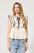Modenaire Ruffle Sleeve Peplum Top with Contrast Trim and Front Tie