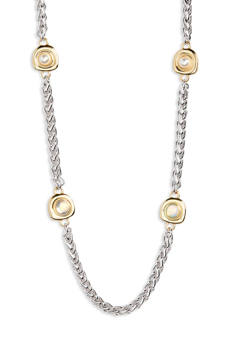 Faux Pearl Station Long Necklace, Main, color, CLEAR- WHITE- SILVER