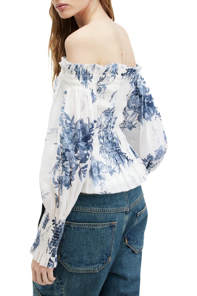 Lara Dekorah Off the Shoulder Smocked Linen & Silk Top, Alternate, color, DENIM BLUE
