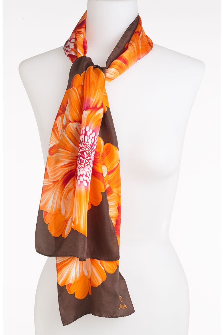 O by Oscar de la Renta 'Big Bloom' Silk Scarf, Main, color, BROWN/ ORANGE